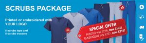 Scrubs clothing printed or embroidered with logo