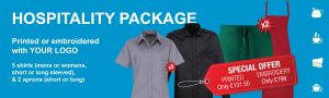 hospitality package, printed with logo, mens and womens shirts shown at special offer price